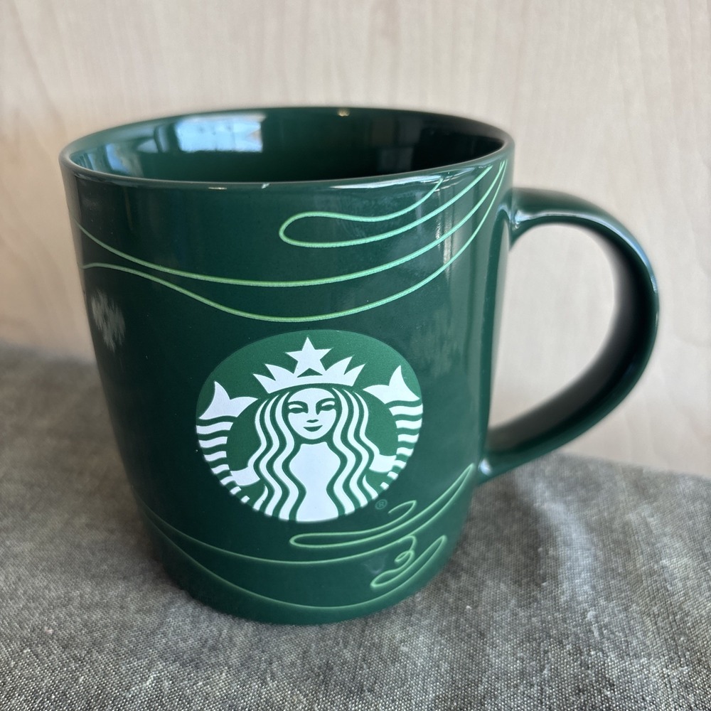 Starbucks Hunter Green Fir Tree Swirl Tall Ceramic Coffee Tea Mug Cup‎ 16 oz